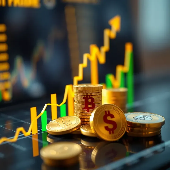 Graph showing upward trend with gold coins and currency symbols representing changes in gold price and economic factors