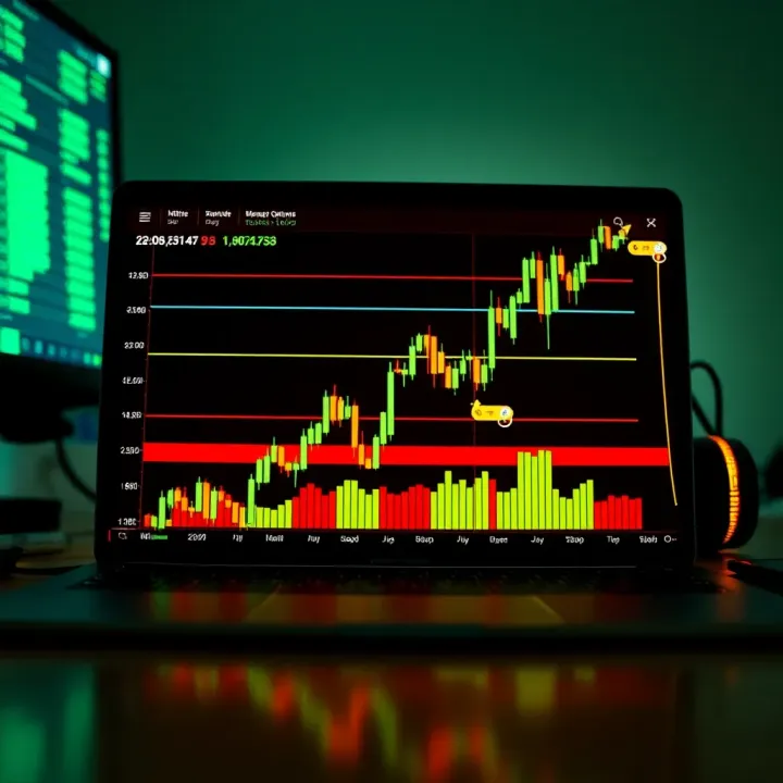 Binary options trading strategy using TradingView tools with upward and downward price signals highlighted