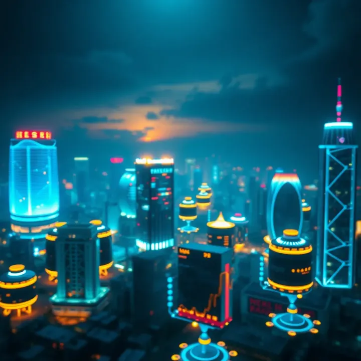 Blockchain Influence on Lagos Economy and Crypto Trading Scene A futuristic cityscape of Lagos with digital crypto icons illustrating blockchain influence