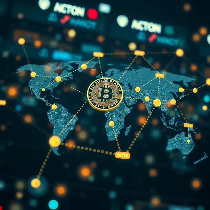 Conceptual representation of a blockchain network connecting digital currencies globally
