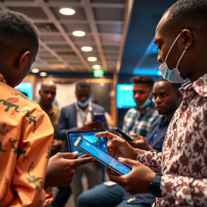 Nigerian Tech Community Advancing Through Blockchain Education Conceptual illustration of Nigerian technology community engaging with blockchain educational content on digital devices