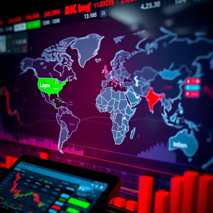 World map displaying global forex market sessions with focus on London and Lagos time zones