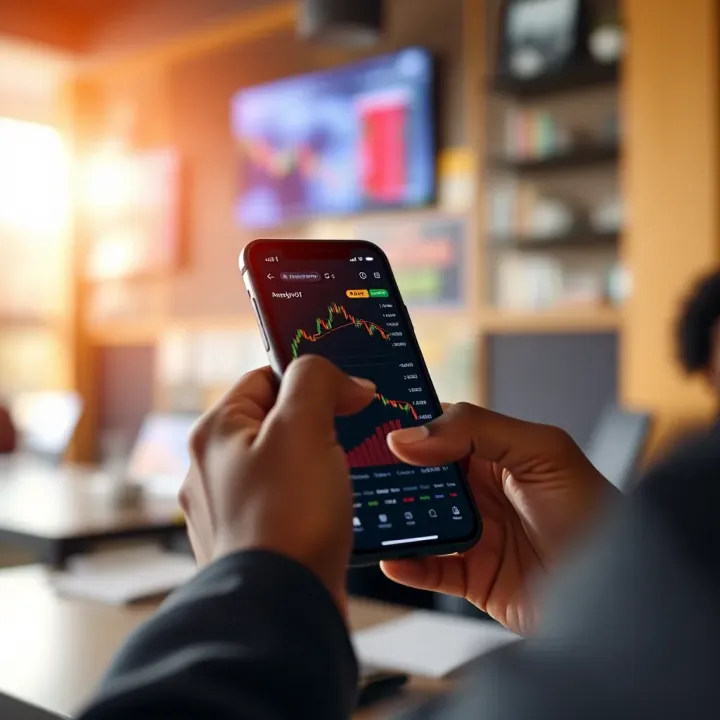 User navigating a smartphone displaying an online trading application interface with stock charts and data