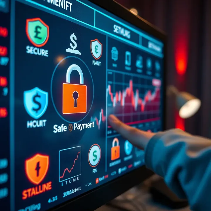 Safe Payment Methods for Online Trading Transactions Secure payment methods displayed on a digital screen with currency symbols and security icons