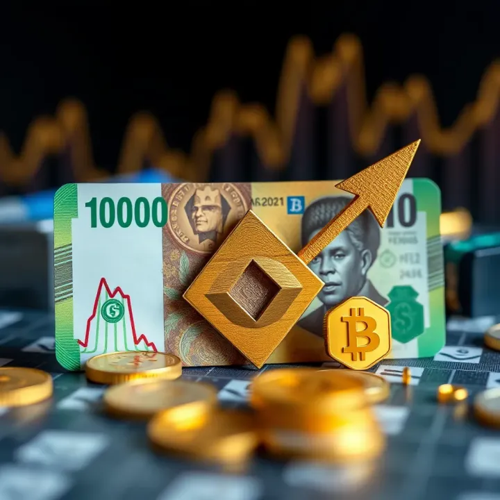 Investment Growth Potential in Arbitrum for Nigerian Investors Digital illustration of Nigerian currency with arrows depicting investment growth and blockchain technology icons