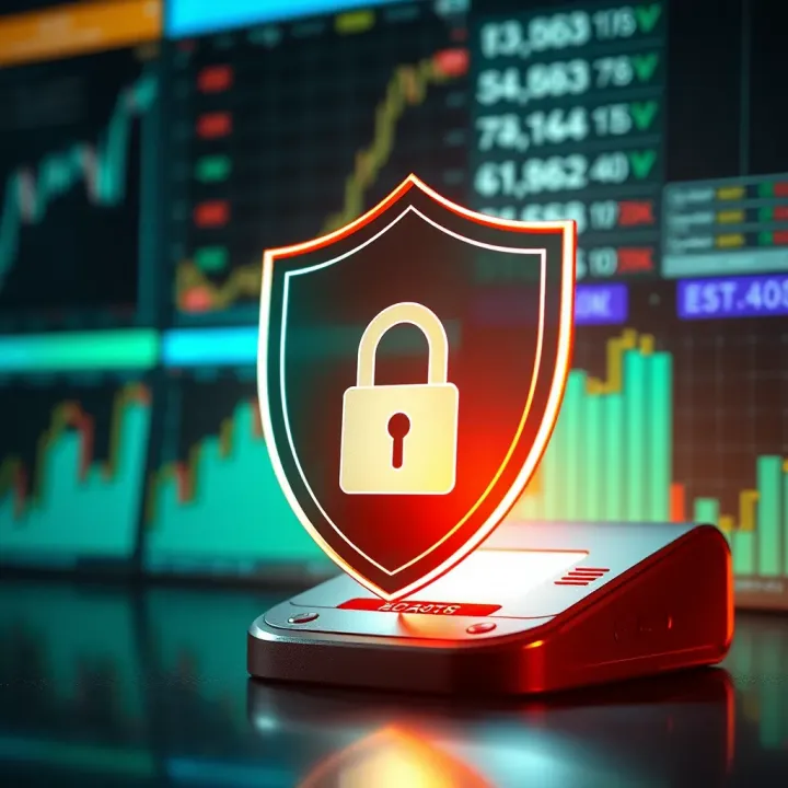 Illustration of security shield protecting online trading account with lock symbol
