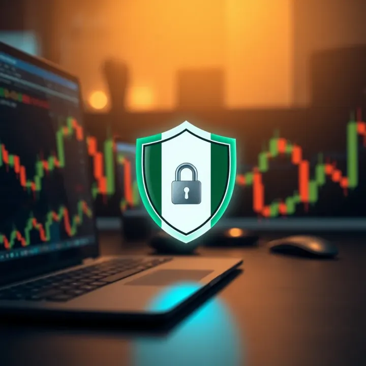 Illustration of secure online trading with a shield icon and Nigerian flag colors