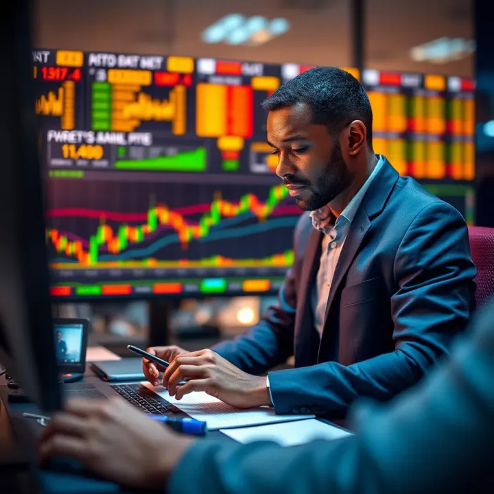 Illustration of a trader analyzing charts and strategies to succeed in the FTMO Challenge