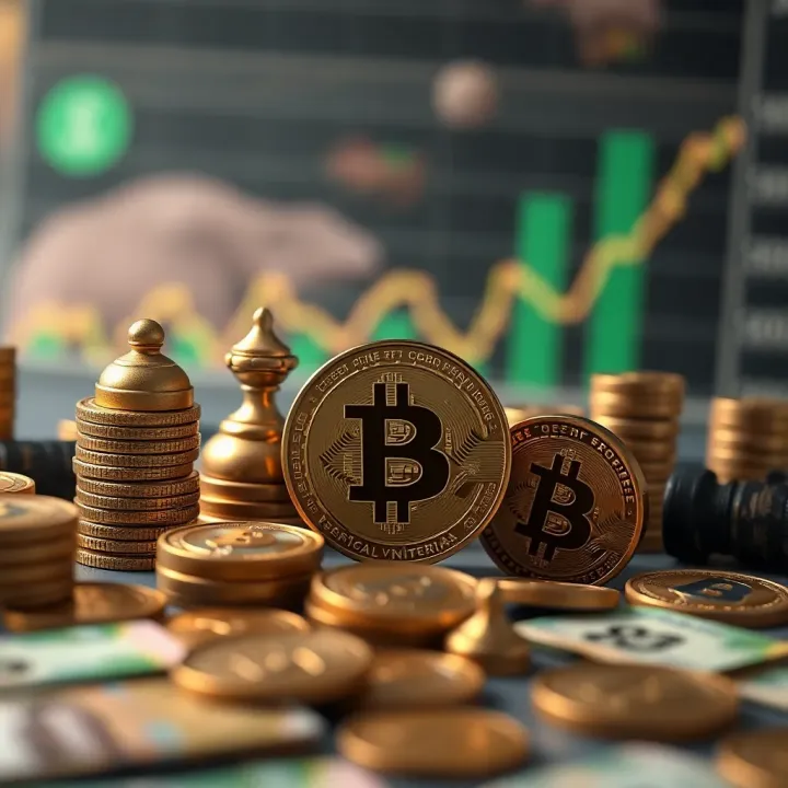 Illustration of financial growth symbols alongside crypto icons with Nigerian currency elements