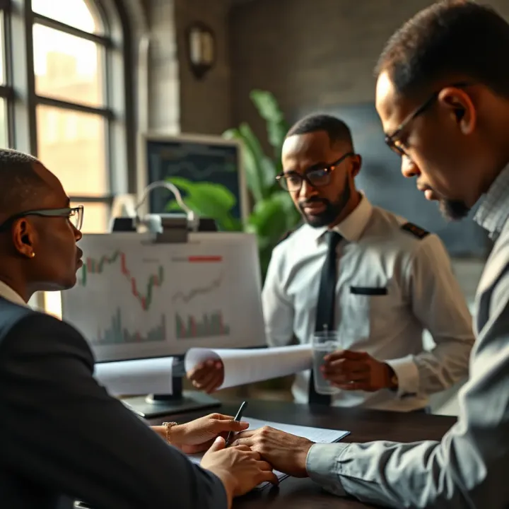 Strategic Planning Using Tomorrow Predictions in Nigerian Business Business team discussing forecast charts and strategic plans for upcoming market conditions