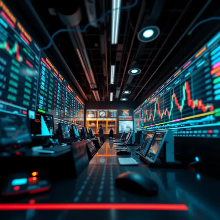 Conceptual illustration of a financial market environment with charts, data streams, and technology