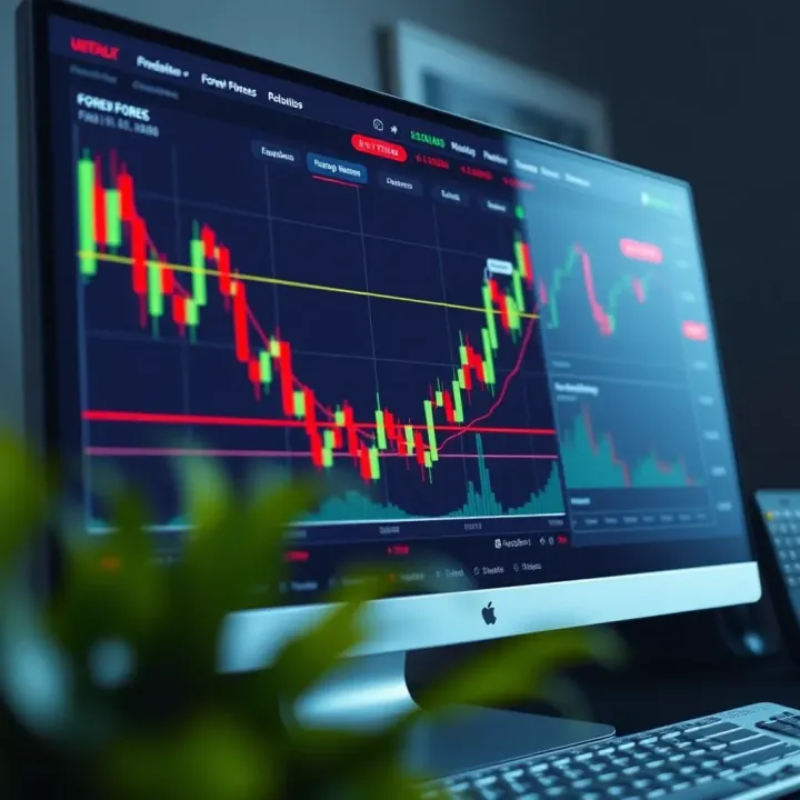 Forex Trading Platform with Real-Time Charts and Indicators Illustration of a computer screen displaying forex trading platform with charts and indicators