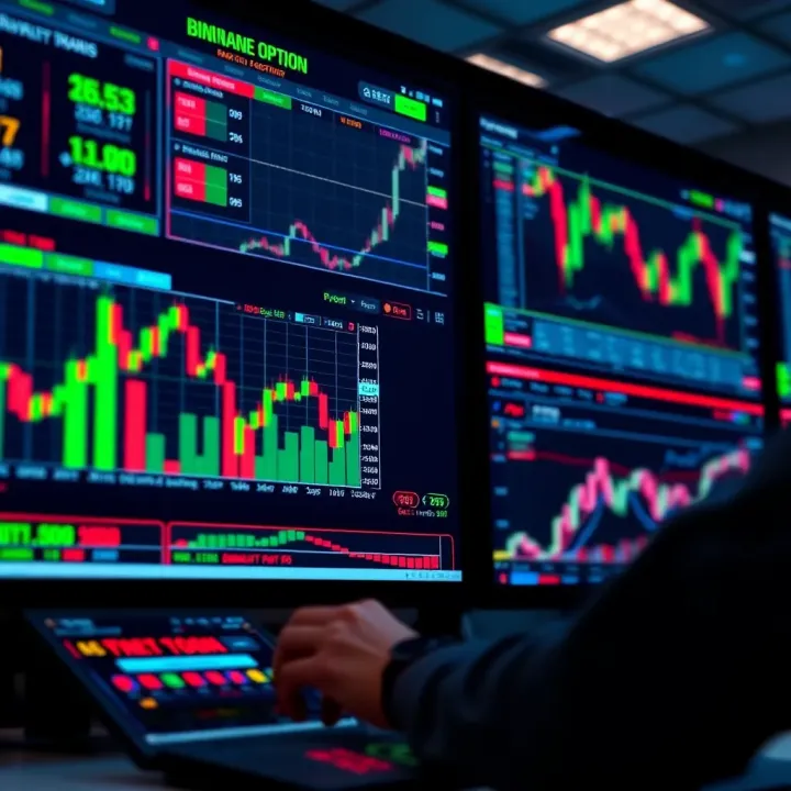 A digital interface displaying various binary option trading charts and market indicators
