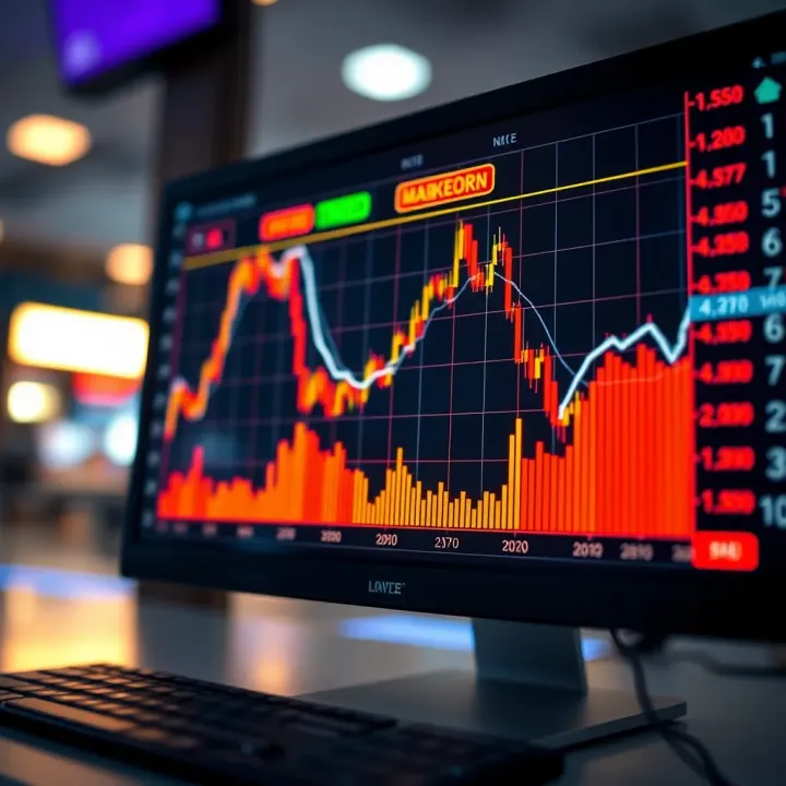 Graphical representation of binary options trading showing upward and downward market trends on a digital screen