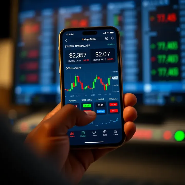 Mobile phone displaying a binary trading app interface with charts and options