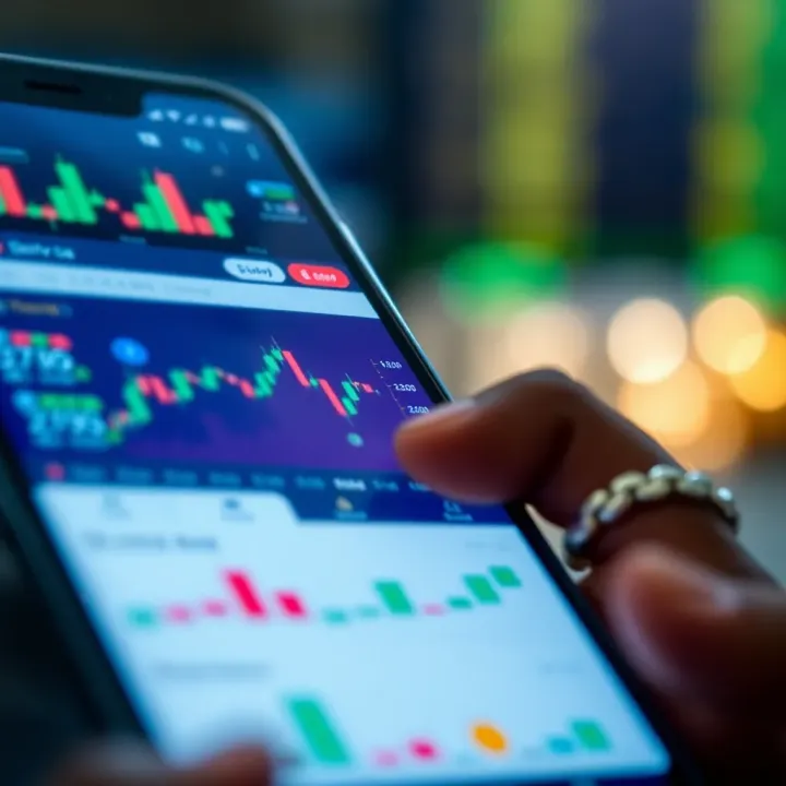 Mobile phone displaying Deriv Go trading platform with charts and financial instruments
