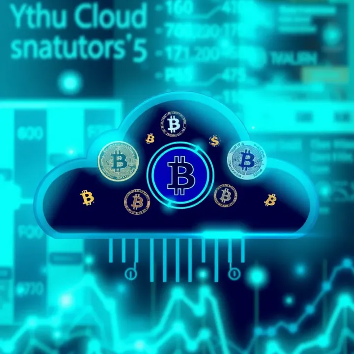 Illustration showing a digital cloud with multiple cryptocurrency symbols representing cloud mining technology