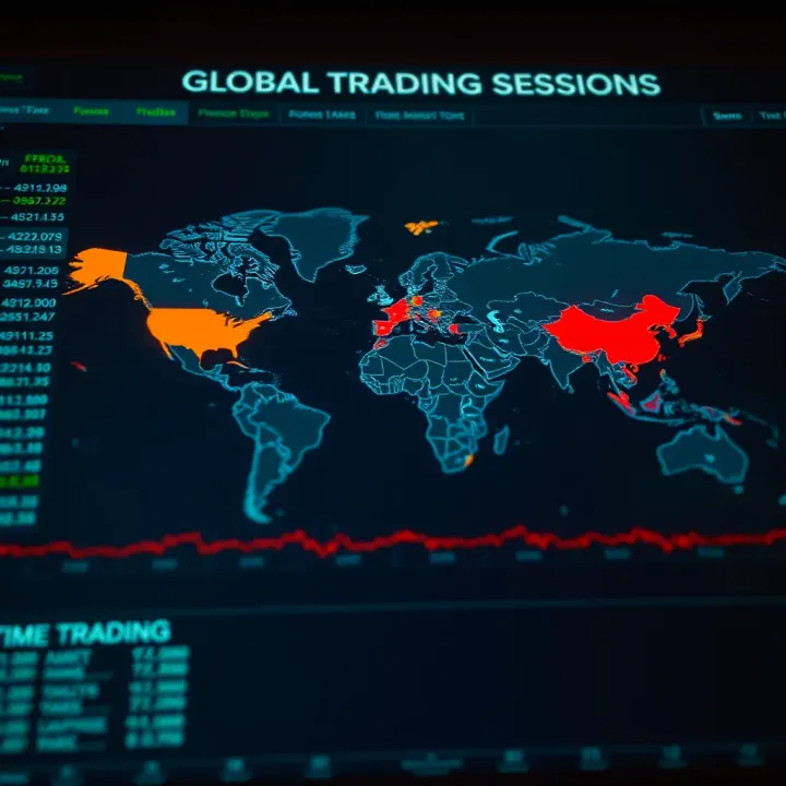 World map highlighting global forex trading sessions with time zones