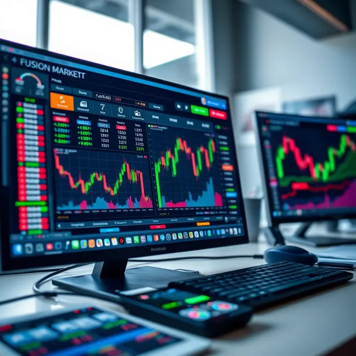 Screenshot of Fusion Markets trading platform showing various financial market charts and trading tools
