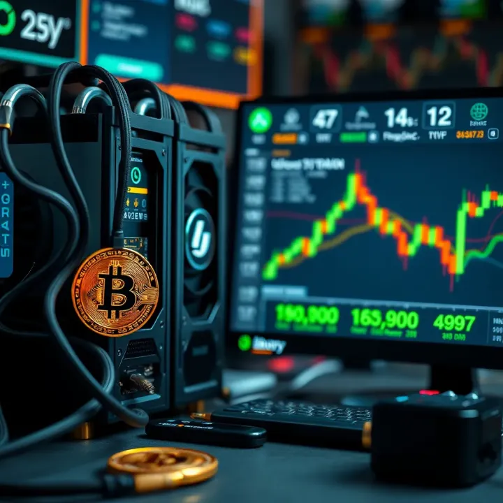 Digital representation of bitcoin mining hardware connected to a financial trading platform interface