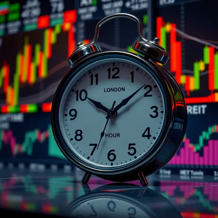 Clock showing synchronized London and Nigerian trading hours with financial charts in the background