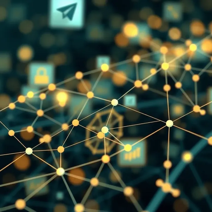Abstract digital network representing global communication connections inspired by Telegram and VKontakte