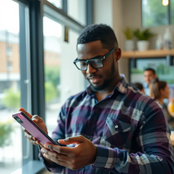 Modern Nigerian entrepreneur using fintech app on smartphone with small business products