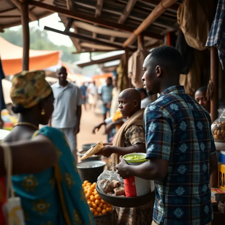 Traditional Market Exchange in Nigerian Commerce Traditional market scene showing exchange of goods in an open-air setting