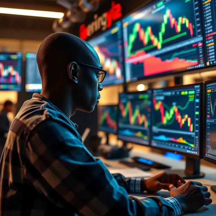 Trader Engaging in Market Analysis and Evaluation at TenTrade Illustration of a trader analyzing financial charts and data on multiple screens