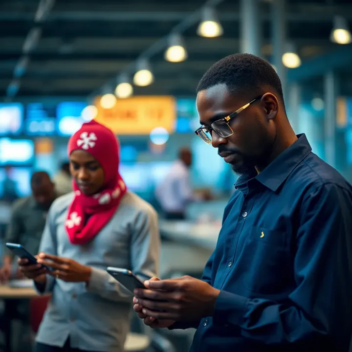 Nigerian Entrepreneurs Utilizing Trade Applications Graphic depicting Nigerian entrepreneurs engaging with global and local trade applications on mobile devices