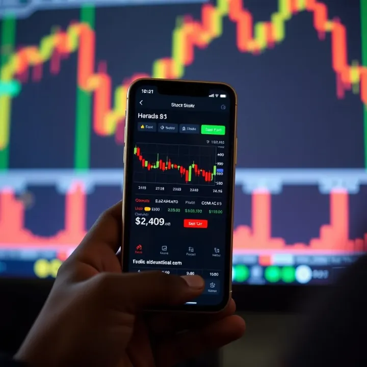 Mobile phone displaying a stock trading app interface with charts and market data