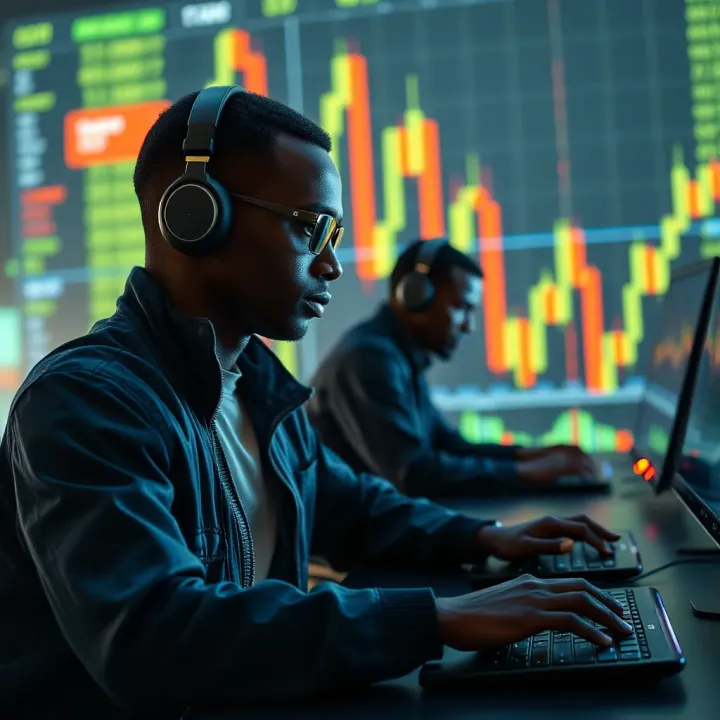 Conceptual illustration of automated software algorithms analyzing financial market charts