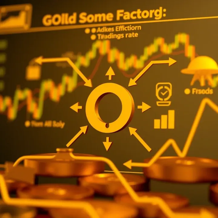 Illustration of market factors influencing the gold to US dollar exchange rate with arrows and icons