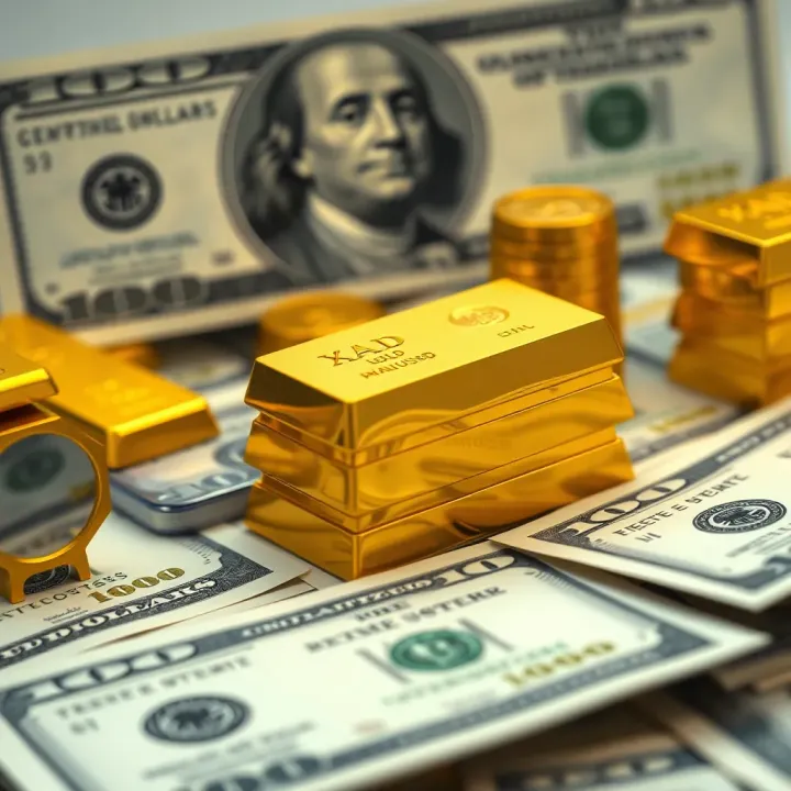 Gold bars stacked with US dollar bills in the background symbolizing gold price analysis