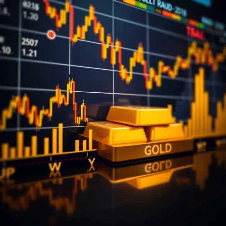 Graph showing gold price fluctuations against US dollar with economic indicators in background